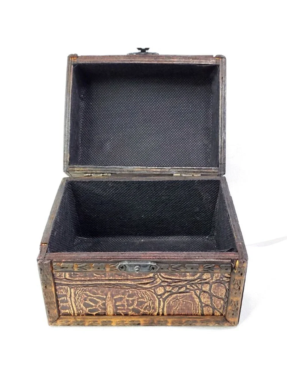 Vintage Wood & Faux Leather Carved Jewelry Treasure Chest Box With Metal Accents